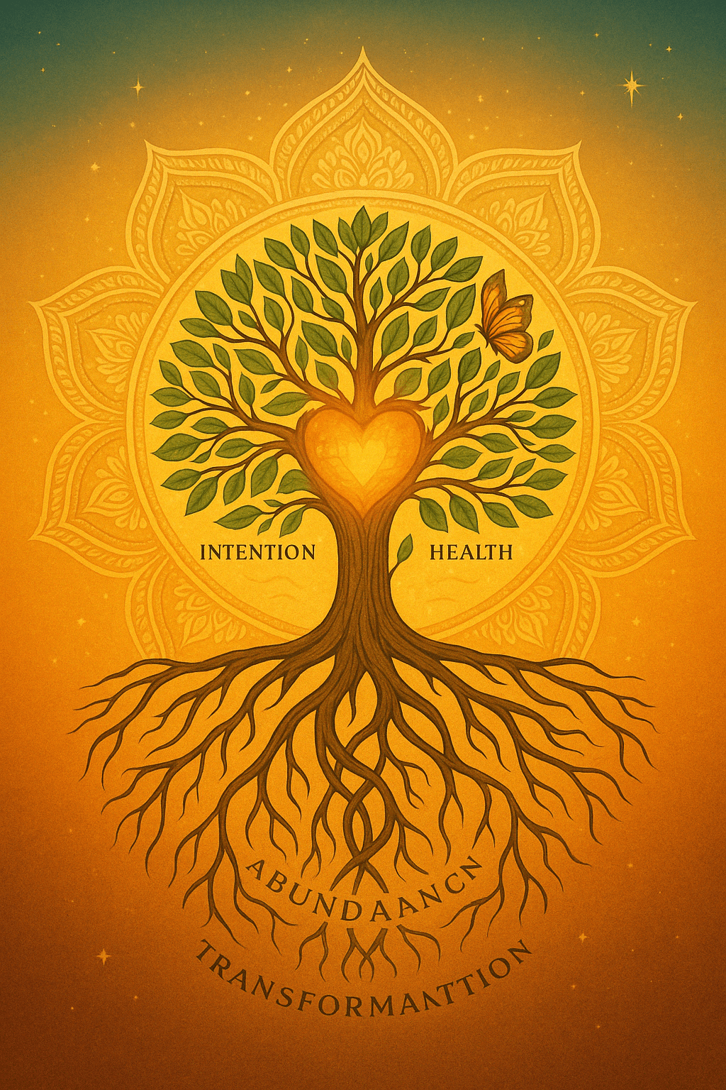A tree of life illustration featuring the words "intention," "health," and "transformation" integrated into its branches.
