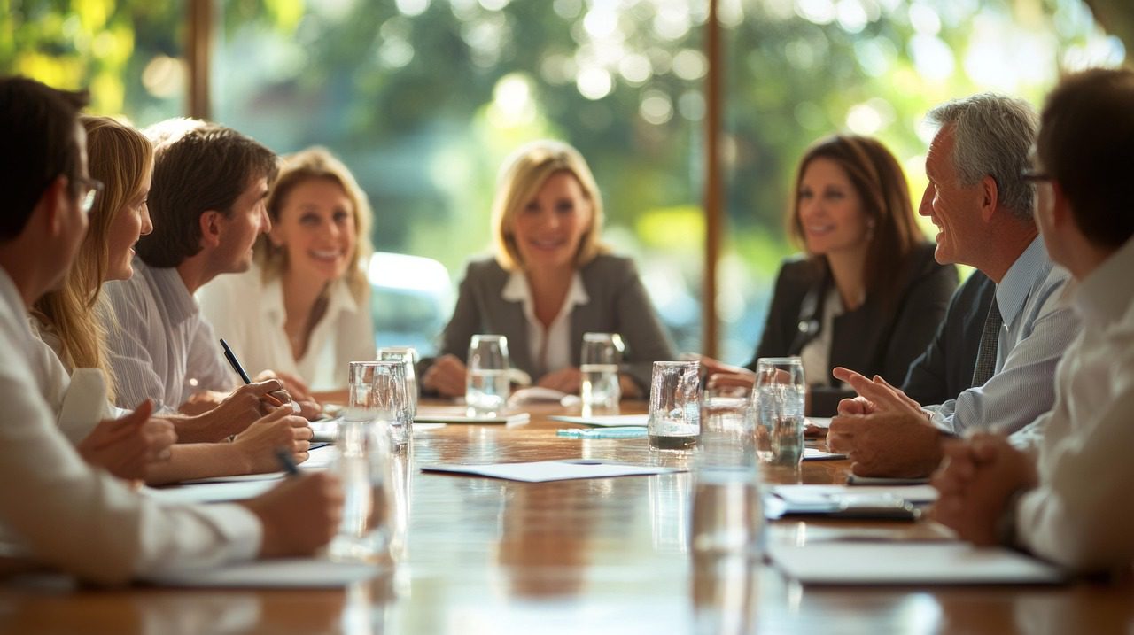 A diverse group of professionals engaged in discussion around a conference table, smiling and taking notes, emphasizing collaboration and teamwork.